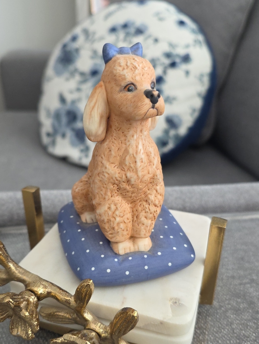 Tan Dog Figurine on Blue Polka-Dot Cushion — Decorative Accent